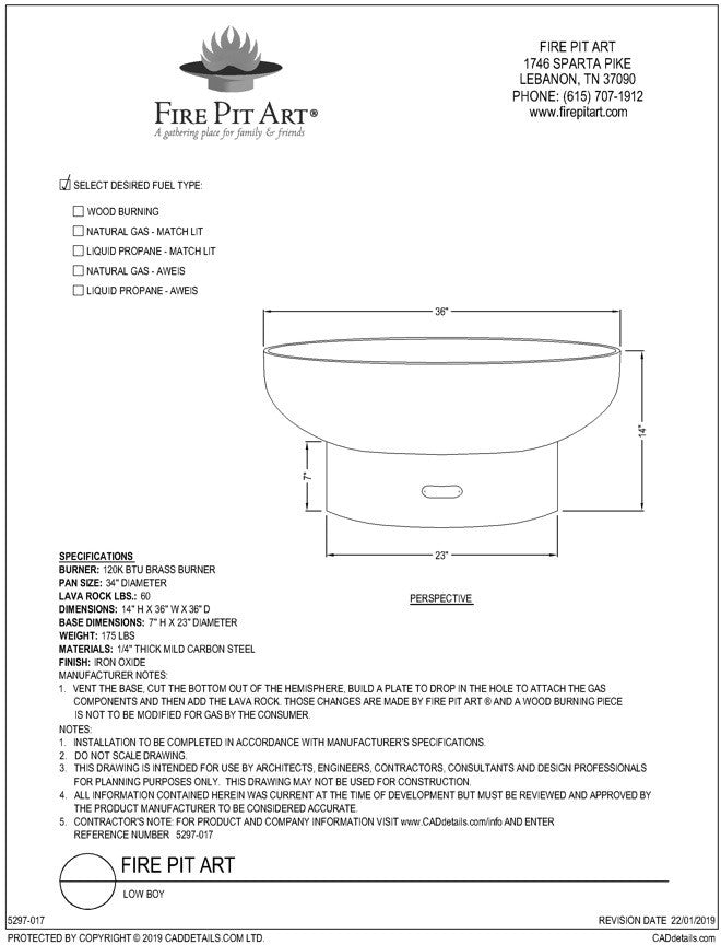 Fire Pit Art Low Boy 36" Gas Fire Pit