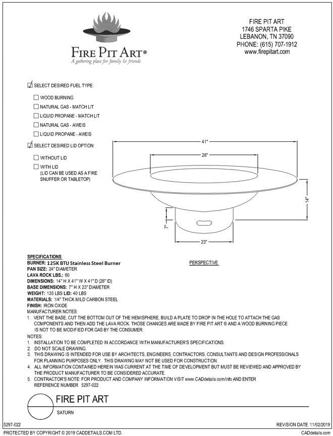 Fire Pit Art Saturn with Lid Gas Fire Pit